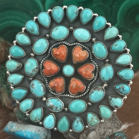 Turquoise spiny oyster statement huge southwestern, Sterling silver ring - Picture 1 of 10